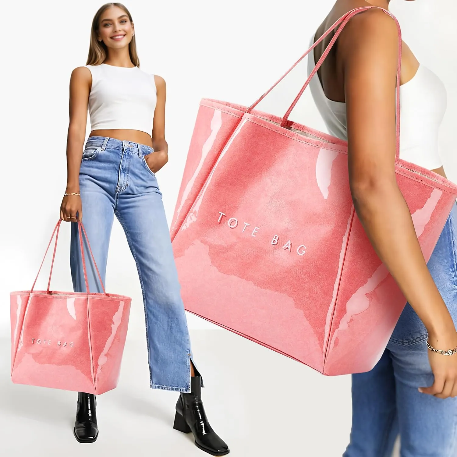KALIDI Large PVC Tote Bag Women Weekender Hobo Bag Travel Purse Kraft Paper Oversize Shoulder Handbag for Work College Beach
