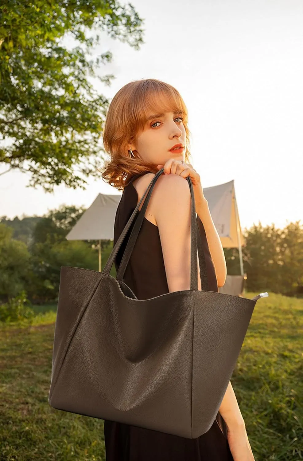 KALIDI Large Tote Bag Vegan Leather Casual Zipper Work Bag Weekender Hobo for Women 23L Oversize Shoulder Travel Purse
