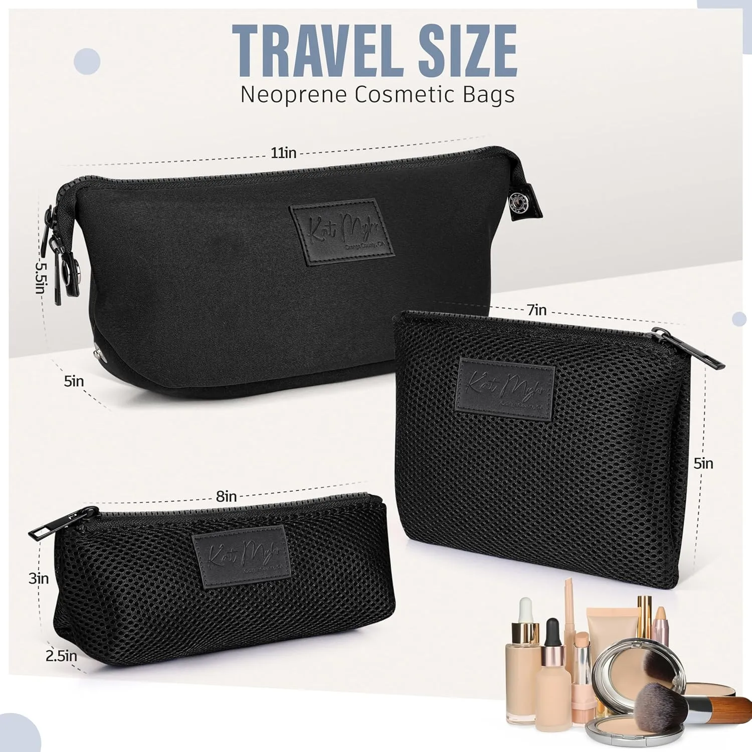 Kat Myhr Neoprene Washable Travel Makeup & Cosmetic Bag Set, 2 Air Mesh Pouches,100% Neoprene Toiletry Bag, Large Water Resistant Travel Bag for Toiletries, Makeup Cosmetic Travel Bag (Jet Black)