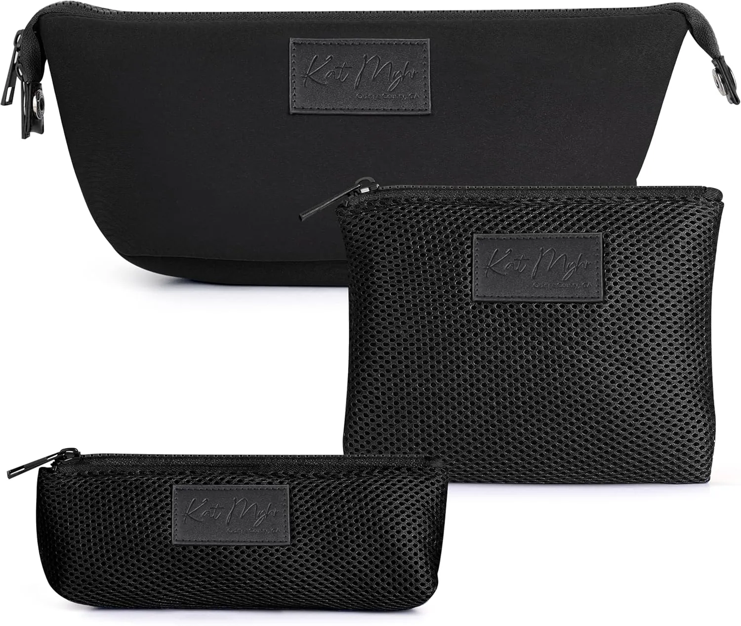 Kat Myhr Neoprene Washable Travel Makeup & Cosmetic Bag Set, 2 Air Mesh Pouches,100% Neoprene Toiletry Bag, Large Water Resistant Travel Bag for Toiletries, Makeup Cosmetic Travel Bag (Jet Black)