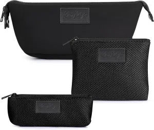 Kat Myhr Neoprene Washable Travel Makeup & Cosmetic Bag Set, 2 Air Mesh Pouches,100% Neoprene Toiletry Bag, Large Water Resistant Travel Bag for Toiletries, Makeup Cosmetic Travel Bag (Jet Black)
