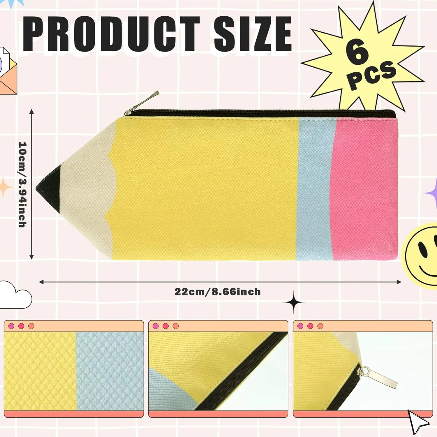 Kisston Teacher Christmas Appreciation Gift Pencil Case Kawai Pouch Portable Pencil Bag with Zipper Cute Pen Pouch Bag for Stationery Organizer, 8.66 x 3.94 Inches(6 Pcs)