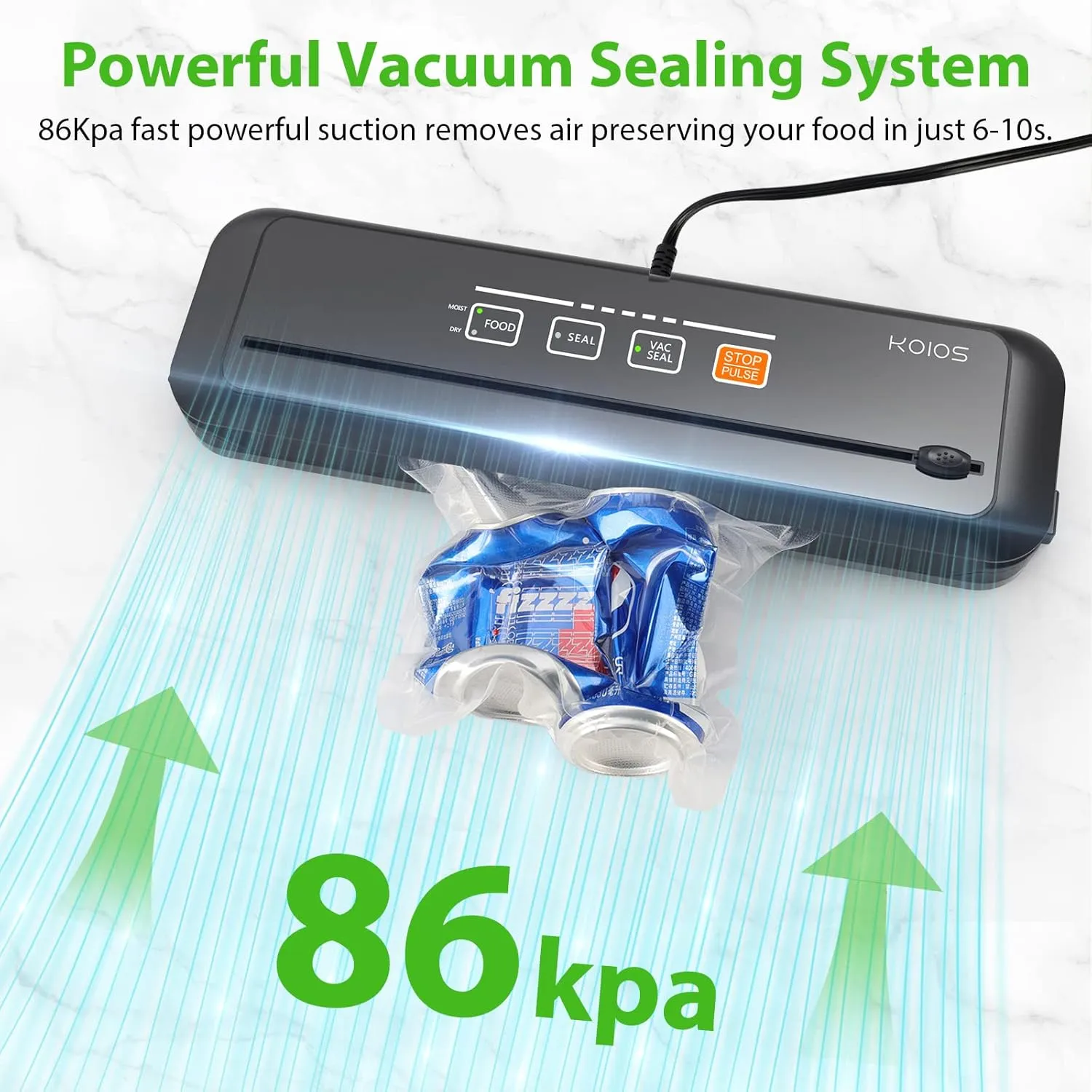 KOIOS Vacuum Sealer Machine, 90Kpa Automatic Vacuum Air food sealer/Built-in Cutter Starter Kit, Dry & Moist Food Preservation Modes, Pulse Function, LED Indicator Lights, Black