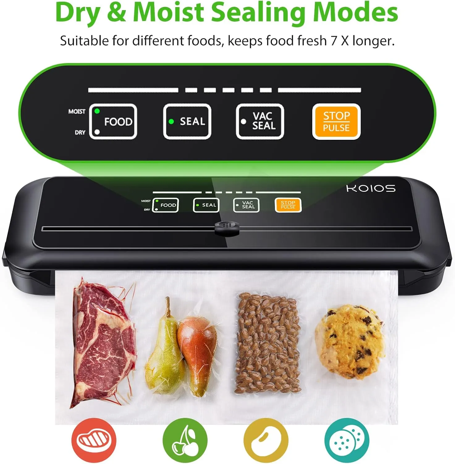 KOIOS Vacuum Sealer Machine, 90Kpa Automatic Vacuum Air food sealer/Built-in Cutter Starter Kit, Dry & Moist Food Preservation Modes, Pulse Function, LED Indicator Lights, Black