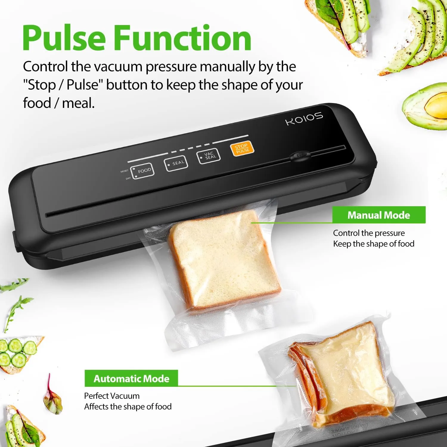 KOIOS Vacuum Sealer Machine, 90Kpa Automatic Vacuum Air food sealer/Built-in Cutter Starter Kit, Dry & Moist Food Preservation Modes, Pulse Function, LED Indicator Lights, Black