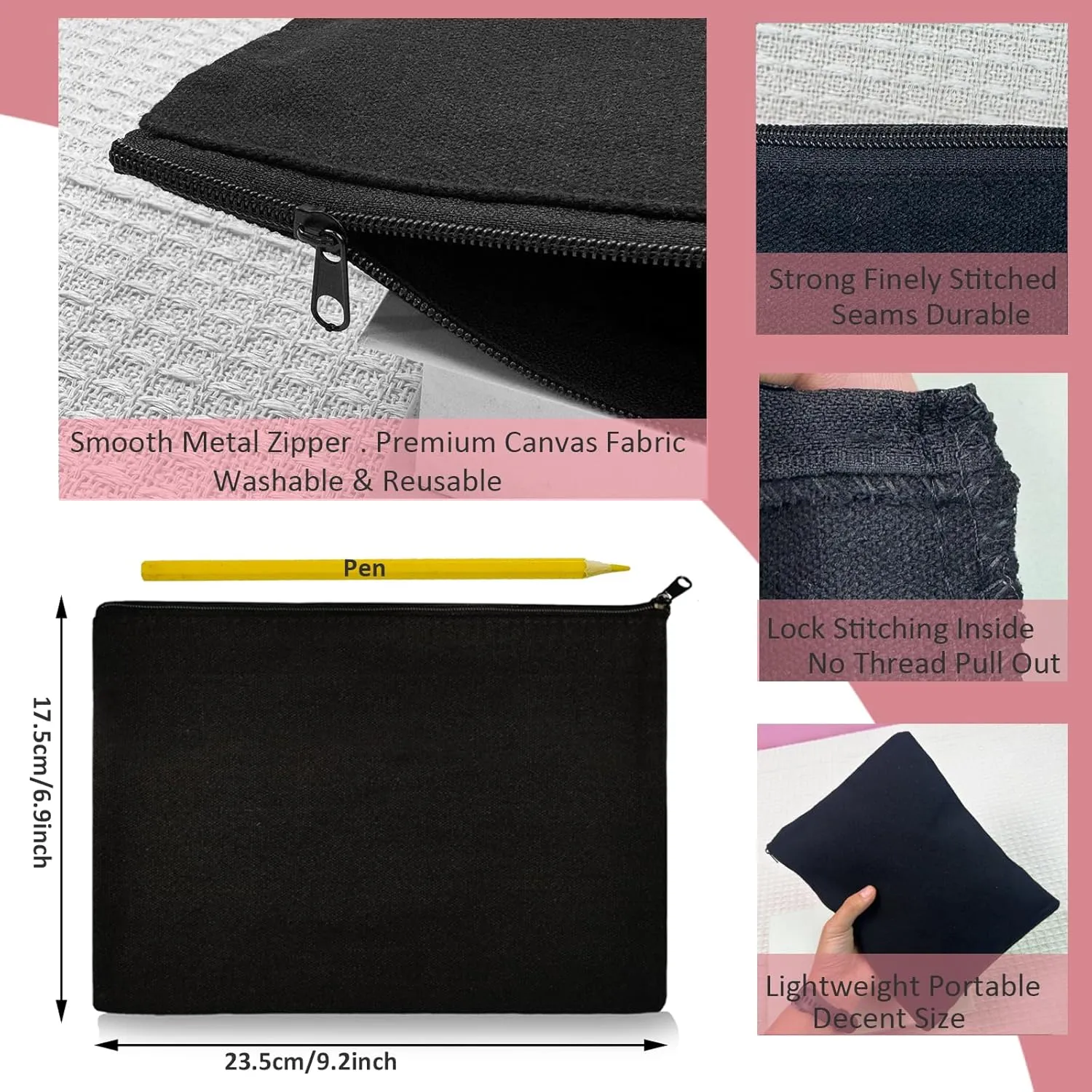 Koolmox 20 Makeup Bags in Bulk, 9x7 Large Plain Black Canvas Pouch with Zipper, Cotton Cosmetic Bags Wholesale for Painting, Heat Transfer Printing, Crafting, Drawing Decoration, Pen Case