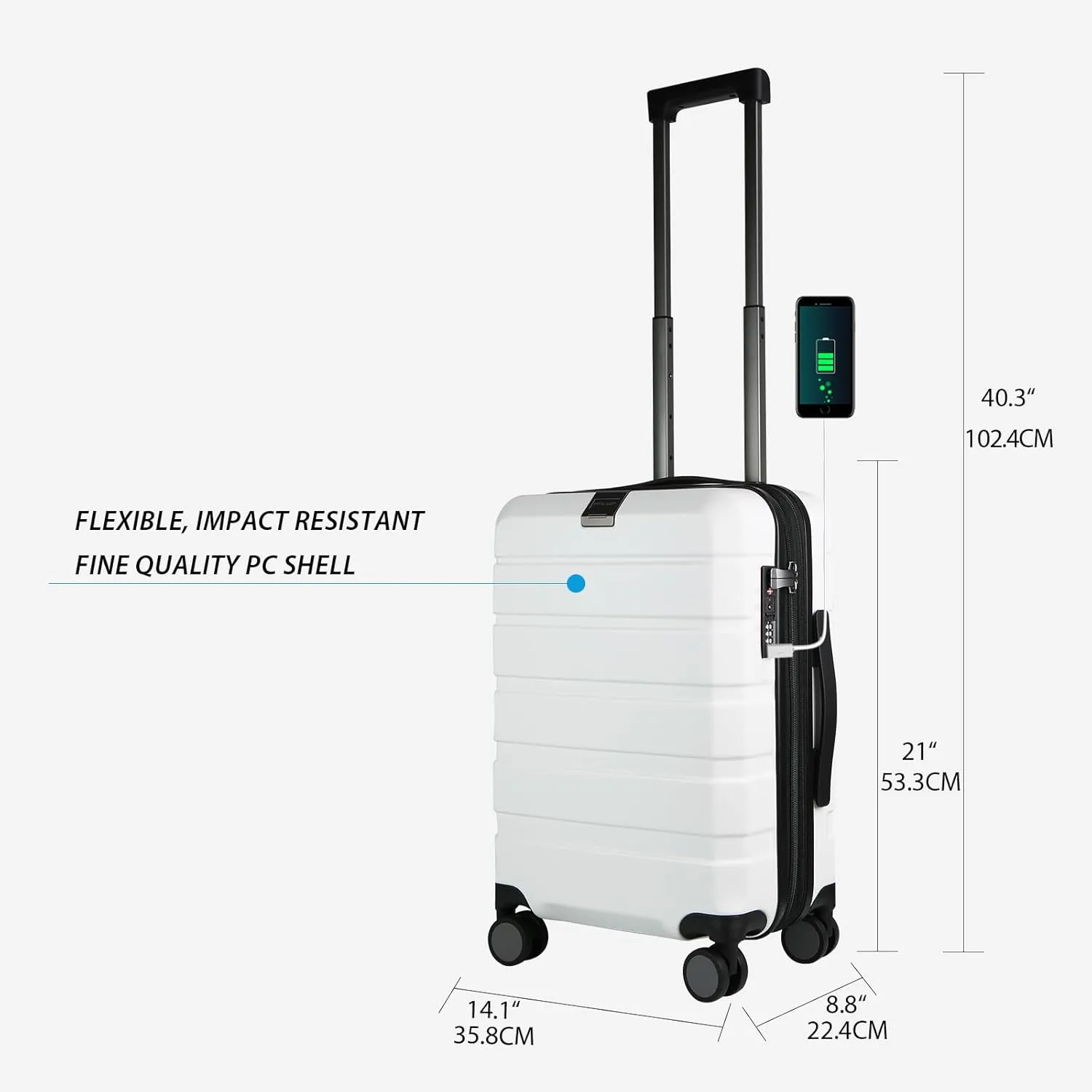 KROSER Hardside Expandable Carry On Luggage with Spinner Wheels & Built-in TSA Lock, Durable Suitcase Rolling Luggage with USB Port, Carry-On 20-Inch, White