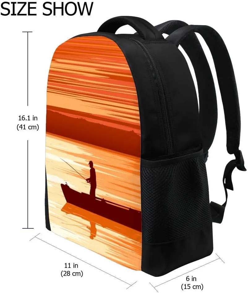 Kuizee Classic Backpack Schoolbag Adjustable Padded Shoulder Straps Daypack ﻿Panorama Landscape Fishermanboat Sunset Orange Tone Casual Bags Durable College Daily 16Inch