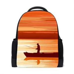 Kuizee Classic Backpack Schoolbag Adjustable Padded Shoulder Straps Daypack ﻿Panorama Landscape Fishermanboat Sunset Orange Tone Casual Bags Durable College Daily 16Inch