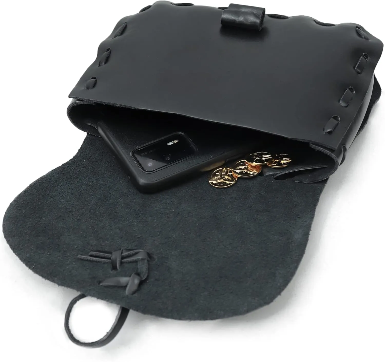 KUOIN Renaissance Belt Pouch, Women Medieval Waist Bag Ren Fest Faux Leather Costume Accessories (Black)
