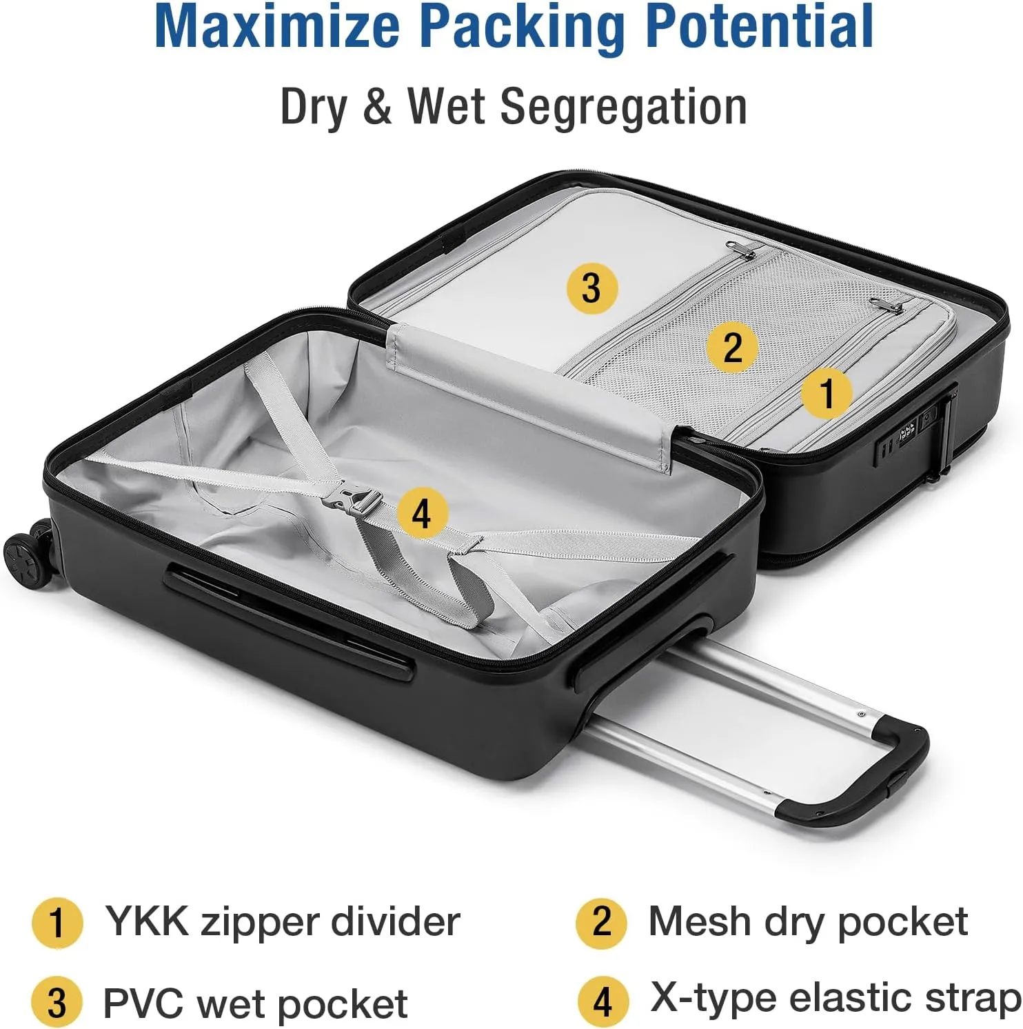KYME 22-Inch Hardside Suitcase - Small Luggage, 100% PC Hard Shell with Laptop Compartment, TSA Lock, Double Wheels for Men & Women, Black