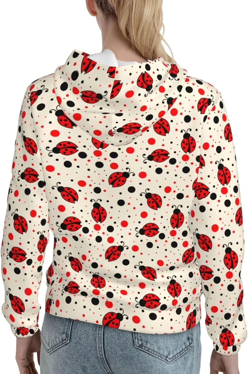 Ladybug Hoodie Pullover Women Drawstring Hooded Long Sleeve Casual Sweatshirt Elastic Cuffs Tops Kangaroo Pocket