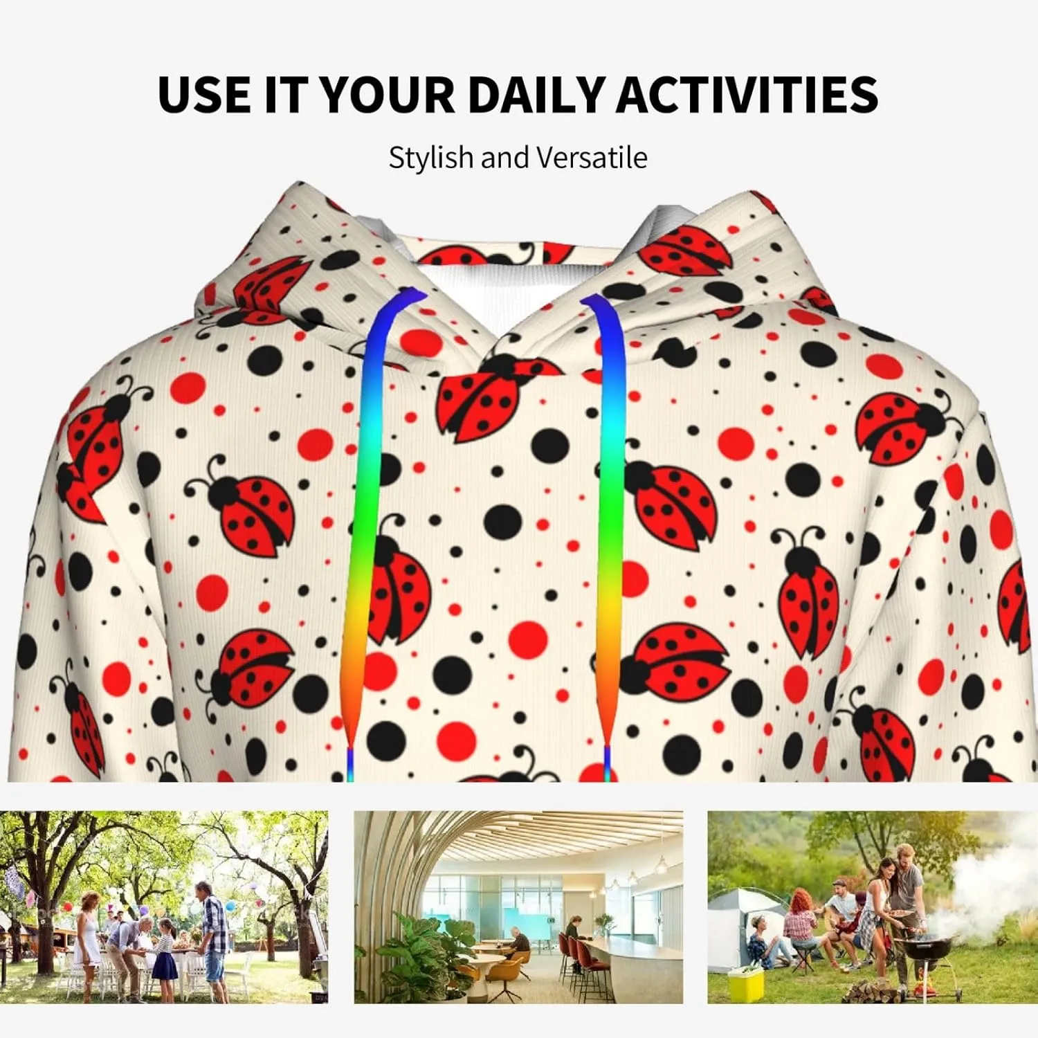 Ladybug Hoodie Pullover Women Drawstring Hooded Long Sleeve Casual Sweatshirt Elastic Cuffs Tops Kangaroo Pocket