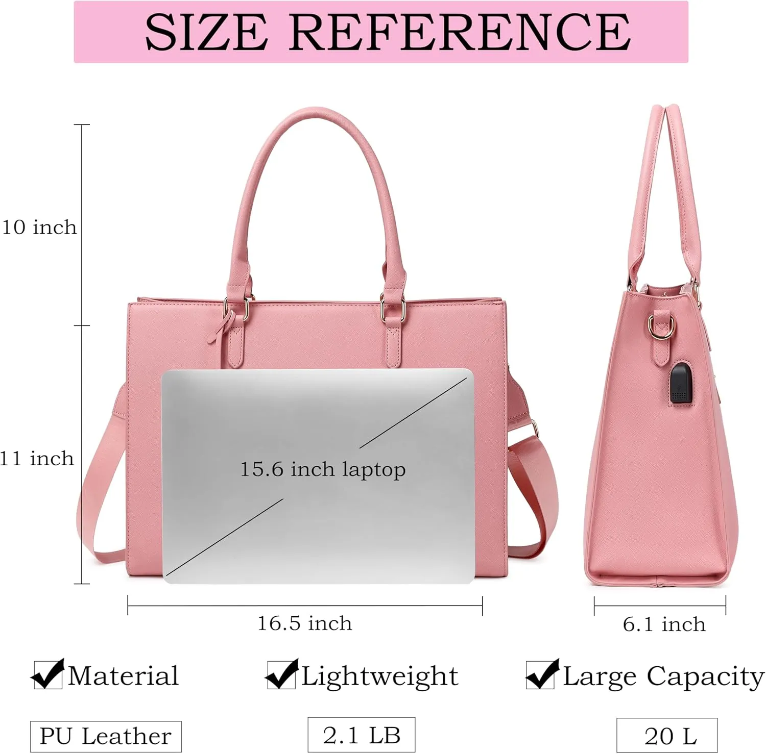 Laptop Bag for Women 17 Inch Casual Work Bag with USB Charging Port and Clutch Purse (Pink)