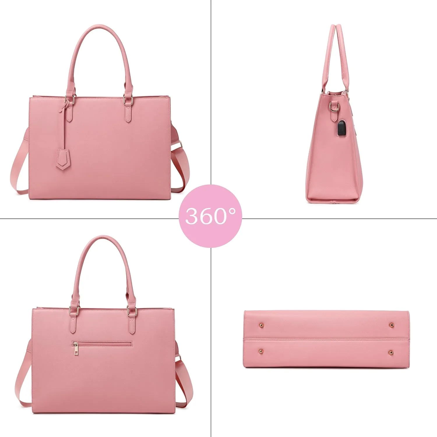 Laptop Bag for Women 17 Inch Casual Work Bag with USB Charging Port and Clutch Purse (Pink)
