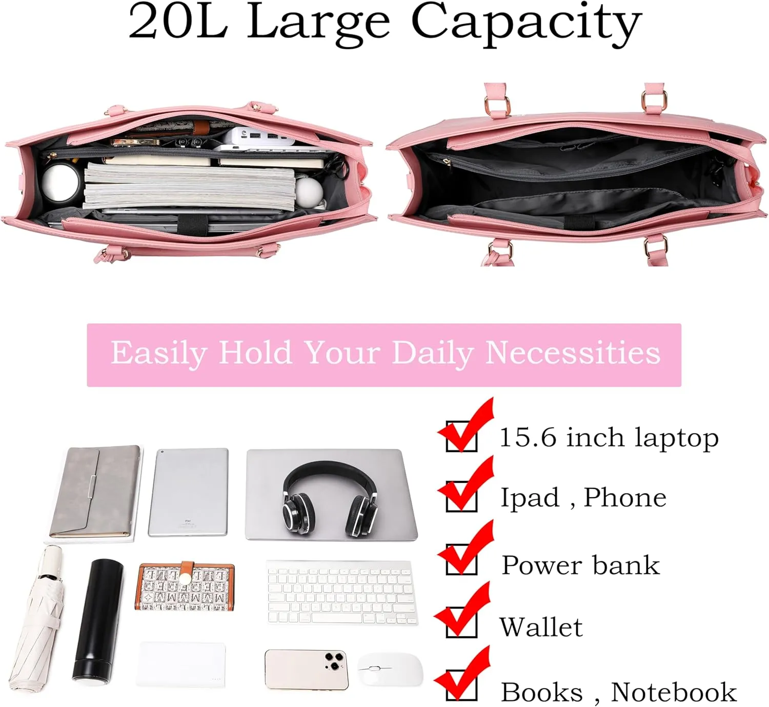 Laptop Bag for Women 17 Inch Casual Work Bag with USB Charging Port and Clutch Purse (Pink)
