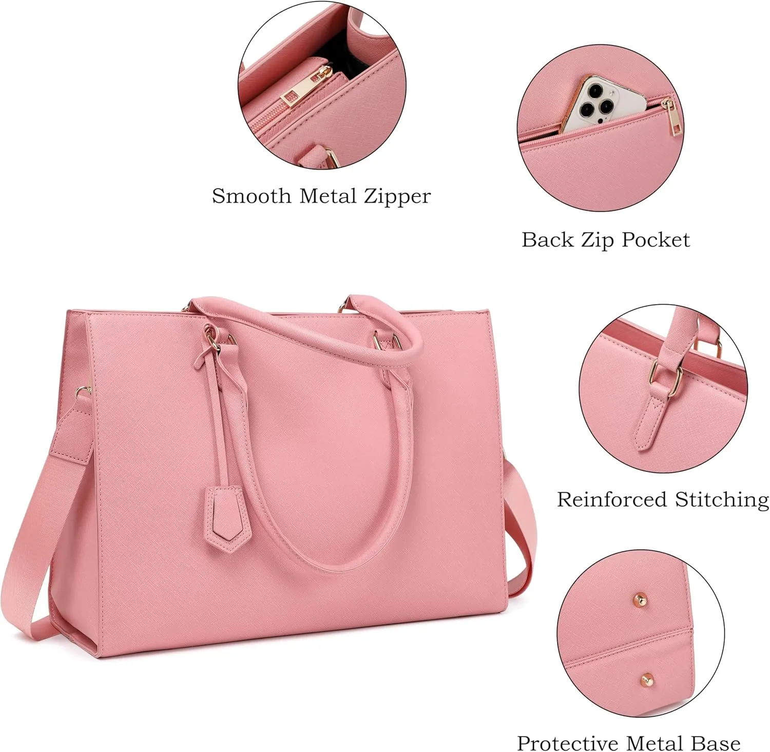 Laptop Bag for Women 17 Inch Casual Work Bag with USB Charging Port and Clutch Purse (Pink)