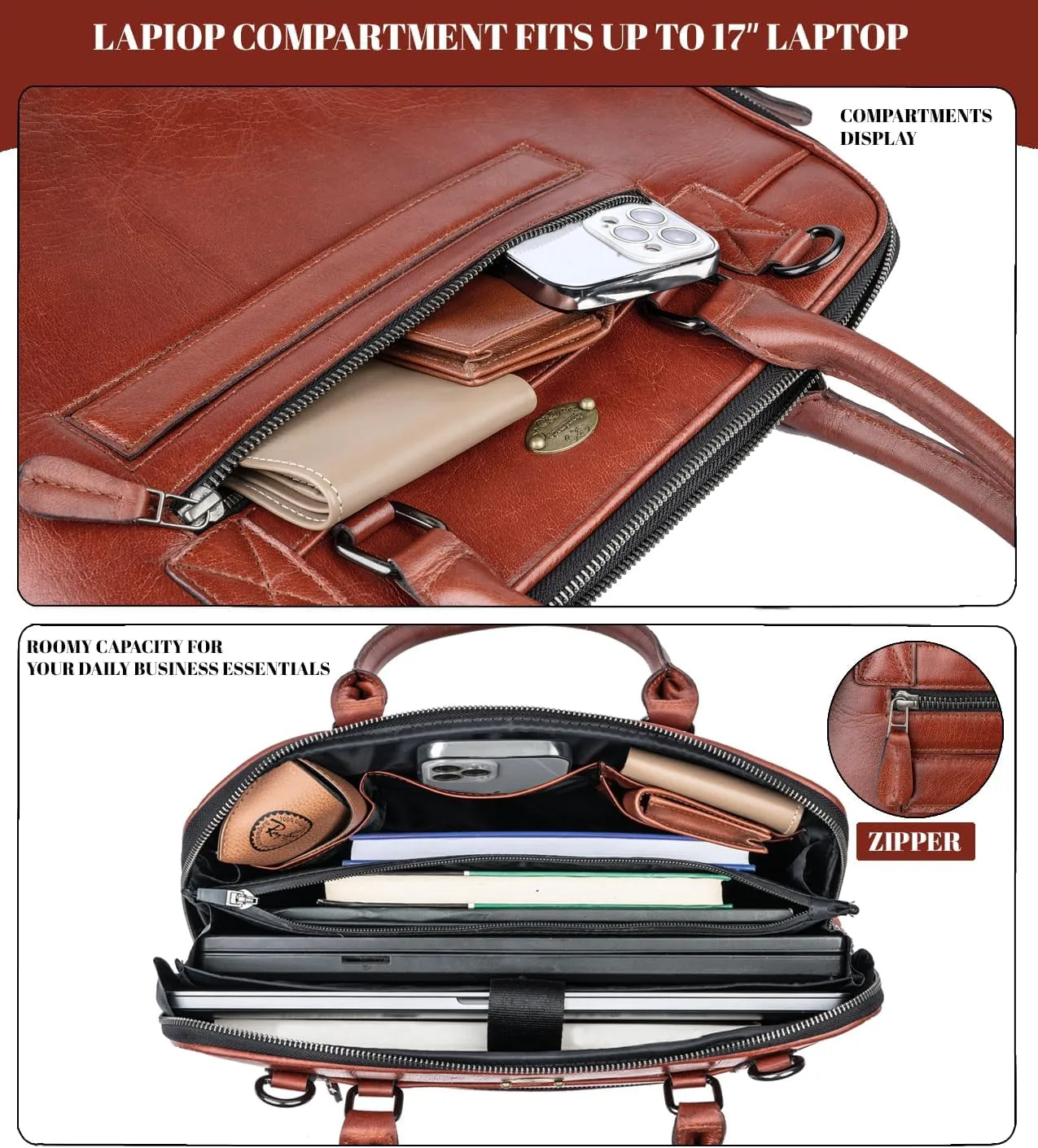 Laptop Messenger shoulder bag: Genuine Leather work Briefcase 13.3 15.6 inch designer handbag