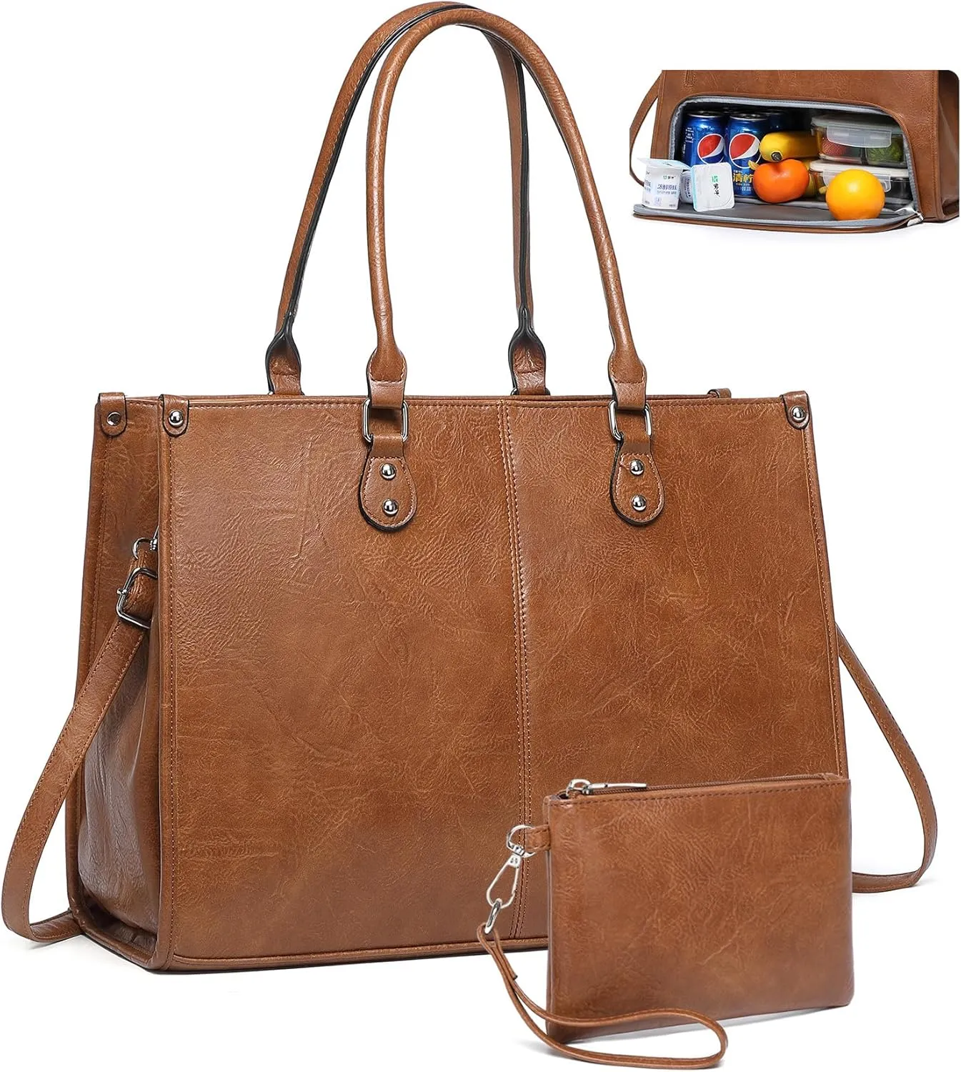 Laptop Tote Bag with Insulated Lunch Compartment for Women Work, PU Leather Lunch Bag with 15.6 Inch Computer Compartment