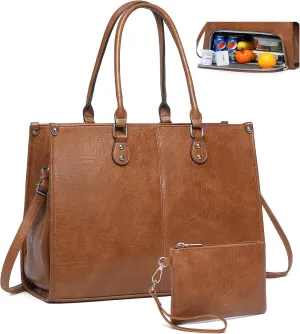 Laptop Tote Bag with Insulated Lunch Compartment for Women Work, PU Leather Lunch Bag with 15.6 Inch Computer Compartment