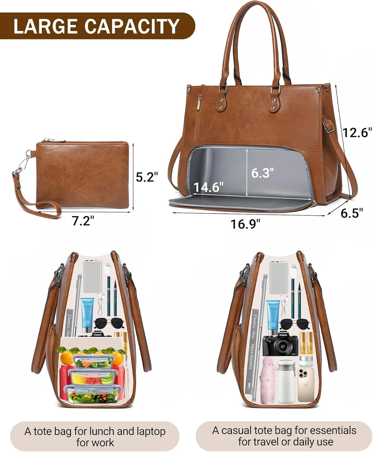 Laptop Tote Bag with Insulated Lunch Compartment for Women Work, PU Leather Lunch Bag with 15.6 Inch Computer Compartment