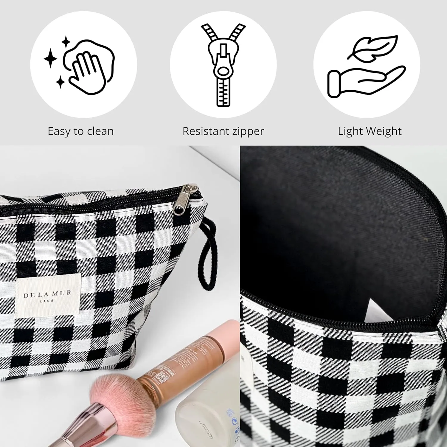 Large Checkered Travel Makeup Bag for Women – Black & White Cosmetic Organizer for Toiletries, Skincare & Beauty – Durable Travel Size Toiletry Pouch – Made in Barcelona, Spain