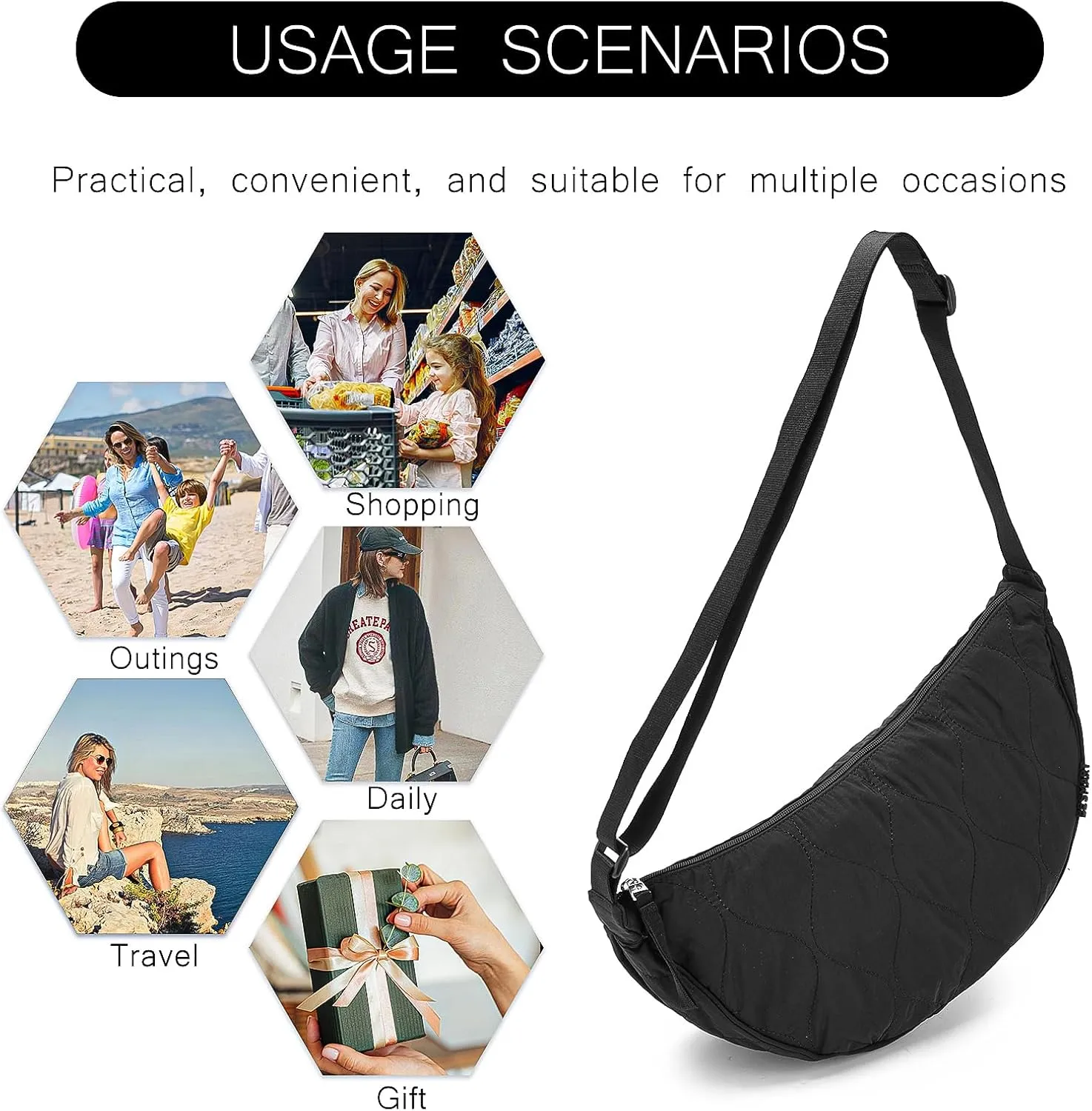 Large Quilted Crescent Bag for Women,Nylon Crossbody Bag，Sling Tote Bag Hobo Bags Moon Handbag Purse Shoulder Bag