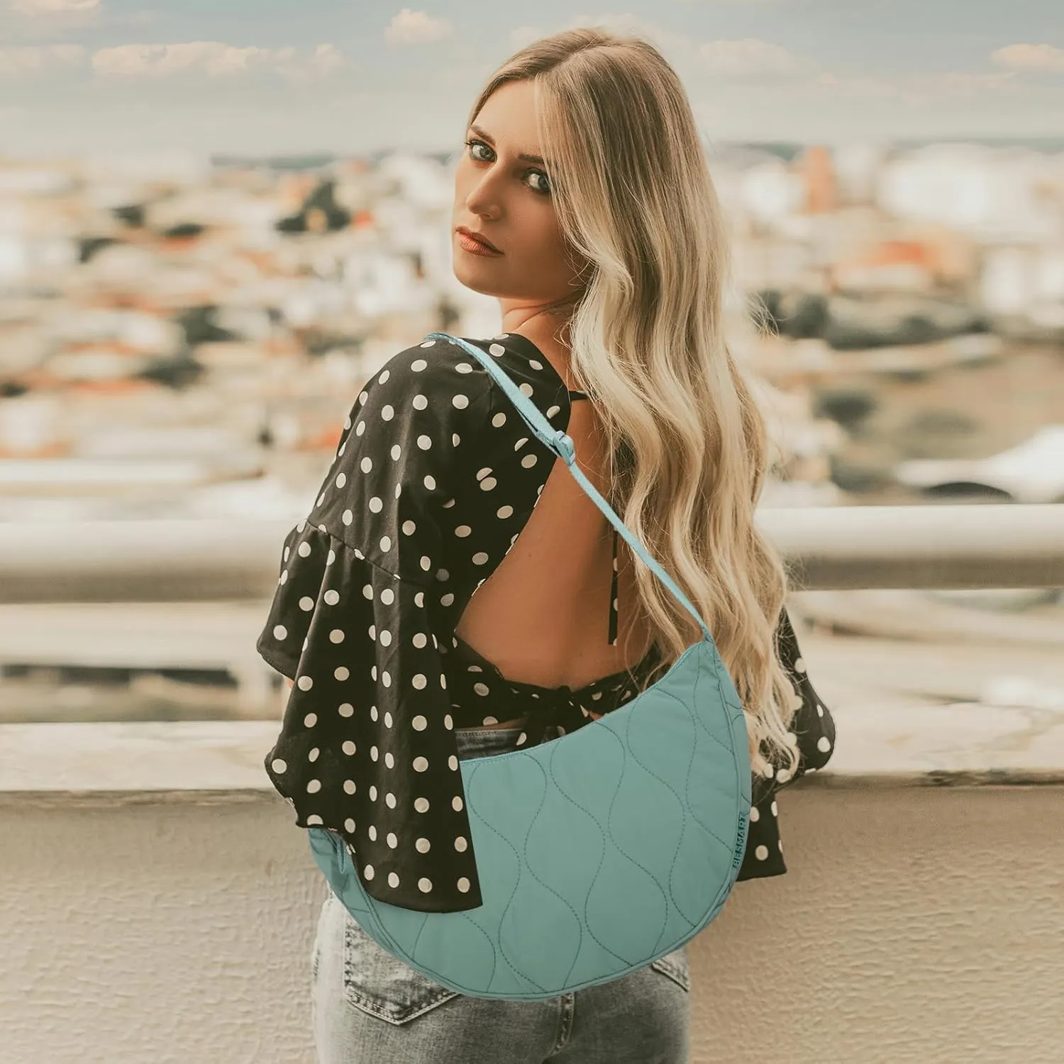 Large Quilted Crescent Bag for Women,Nylon Crossbody Bag，Sling Tote Bag Hobo Bags Moon Handbag Purse Shoulder Bag