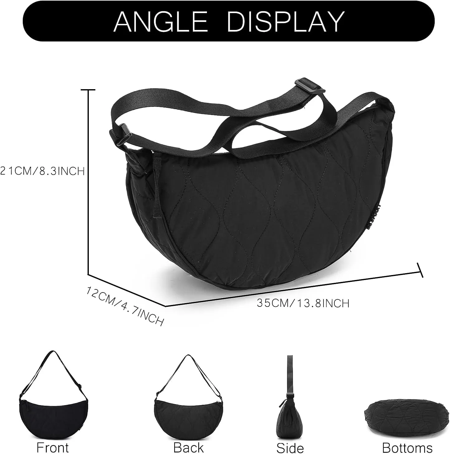 Large Quilted Crescent Bag for Women,Nylon Crossbody Bag，Sling Tote Bag Hobo Bags Moon Handbag Purse Shoulder Bag