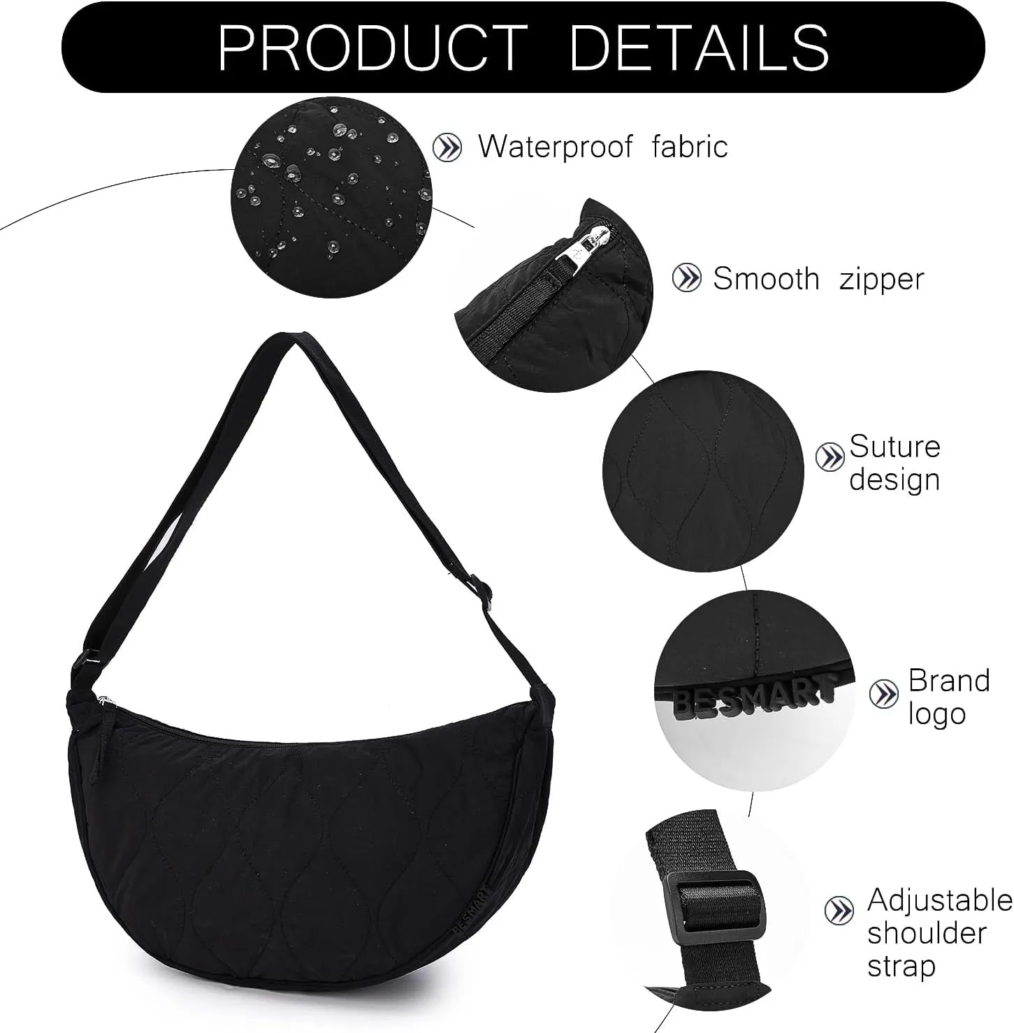 Large Quilted Crescent Bag for Women,Nylon Crossbody Bag，Sling Tote Bag Hobo Bags Moon Handbag Purse Shoulder Bag