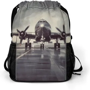 Large Sports Drawstring Backpack Airplane Art Printed with Dry-Wet Separation | Digital Print Gym Sack | Waterproof Fabric | Shoe Compartment & PVC Pocket | Hydration Mesh for Fitness, Travel, Work