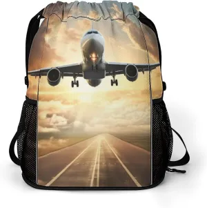 Large Sports Drawstring Backpack Airplane Printed with Dry-Wet Separation | Digital Print Gym Sack | Waterproof Fabric | Shoe Compartment & PVC Pocket | Hydration Mesh for Fitness, Travel, Work