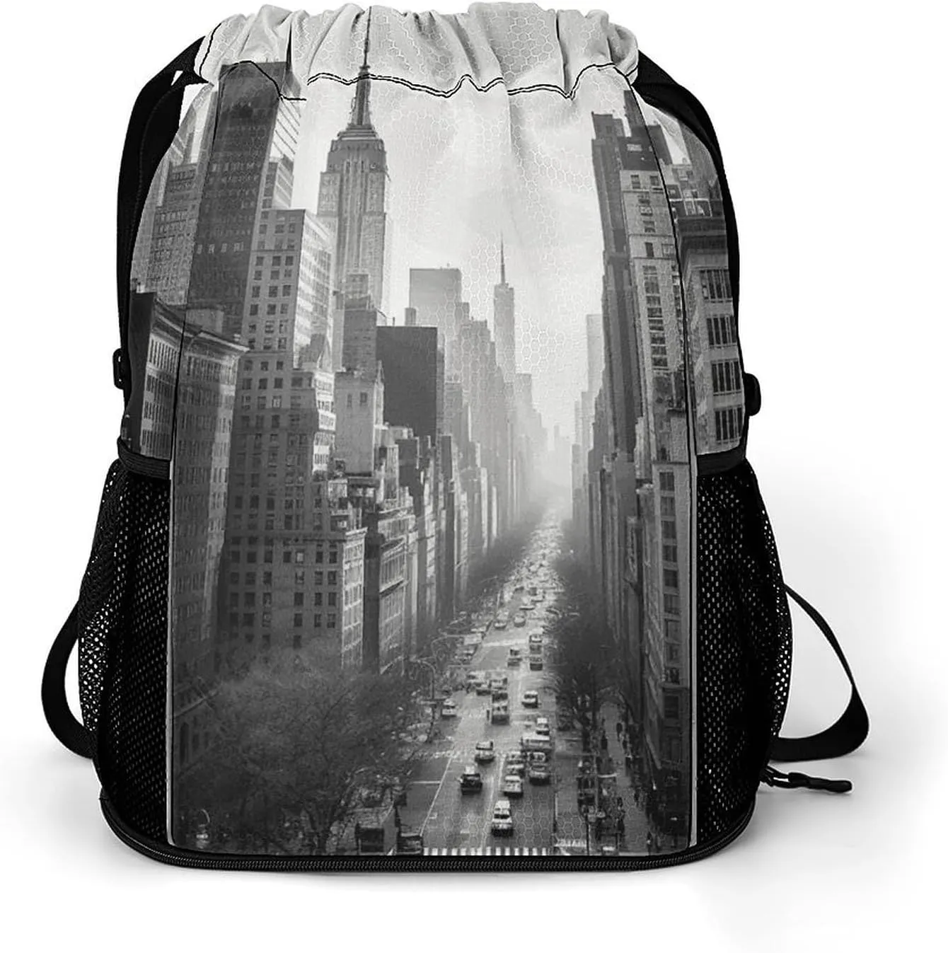 Large Sports Drawstring Backpack Black And White New York Printed with Dry-Wet Separation | Digital Print Gym Sack | Waterproof Fabric | Shoe Compartment & PVC Pocket | Hydration Mesh for Fitness, Tra
