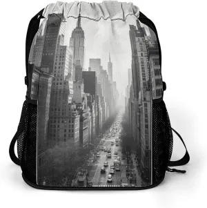 Large Sports Drawstring Backpack Black And White New York Printed with Dry-Wet Separation | Digital Print Gym Sack | Waterproof Fabric | Shoe Compartment & PVC Pocket | Hydration Mesh for Fitness, Tra