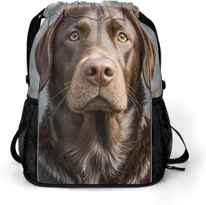 Large Sports Drawstring Backpack Brown Labrador Retriever Printed with Dry-Wet Separation | Digital Print Gym Sack | Waterproof Fabric | Shoe Compartment & PVC Pocket | Hydration Mesh for Fitness, Tra