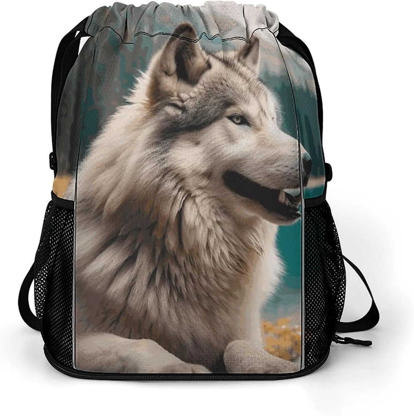Large Sports Drawstring Backpack Fun Animal Wolf Printed with Dry-Wet Separation | Digital Print Gym Sack | Waterproof Fabric | Shoe Compartment & PVC Pocket | Hydration Mesh for Fitness, Travel, Work