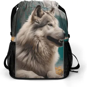 Large Sports Drawstring Backpack Fun Animal Wolf Printed with Dry-Wet Separation | Digital Print Gym Sack | Waterproof Fabric | Shoe Compartment & PVC Pocket | Hydration Mesh for Fitness, Travel, Work