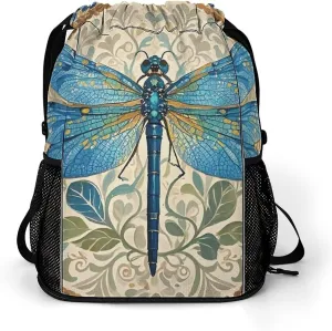 Large Sports Drawstring Backpack Hand Painted Blue Dragonfly Printed with Dry-Wet Separation | Digital Print Gym Sack | Waterproof Fabric | Shoe Compartment & PVC Pocket | Hydration Mesh for Fitness,