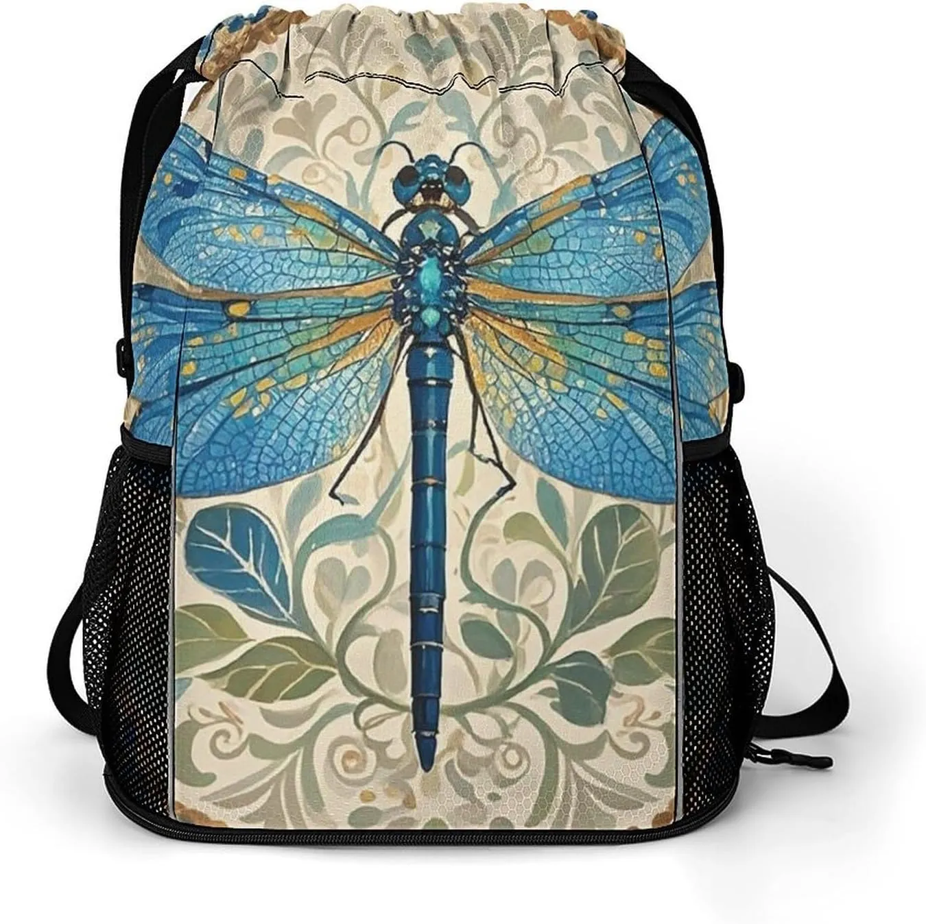 Large Sports Drawstring Backpack Hand Painted Blue Dragonfly Printed with Dry-Wet Separation | Digital Print Gym Sack | Waterproof Fabric | Shoe Compartment & PVC Pocket | Hydration Mesh for Fitness,