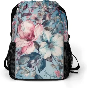 Large Sports Drawstring Backpack Romantic Natural Flowers Printed with Dry-Wet Separation | Digital Print Gym Sack | Waterproof Fabric | Shoe Compartment & PVC Pocket | Hydration Mesh for Fitness, Tra