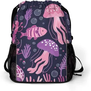 Large Sports Drawstring Backpack Sea Coral And Bubbles Printed with Dry-Wet Separation | Digital Print Gym Sack | Waterproof Fabric | Shoe Compartment & PVC Pocket | Hydration Mesh for Fitness, Travel