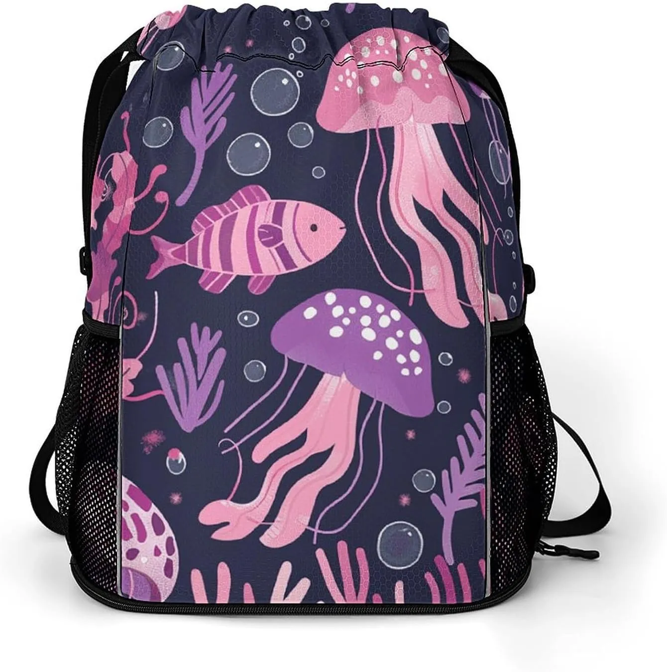 Large Sports Drawstring Backpack Sea Coral And Bubbles Printed with Dry-Wet Separation | Digital Print Gym Sack | Waterproof Fabric | Shoe Compartment & PVC Pocket | Hydration Mesh for Fitness, Travel