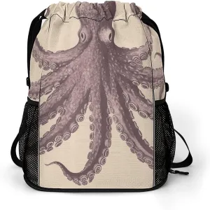 Large Sports Drawstring Backpack Vintage Octopus Printed with Dry-Wet Separation | Digital Print Gym Sack | Waterproof Fabric | Shoe Compartment & PVC Pocket | Hydration Mesh for Fitness, Travel, Work