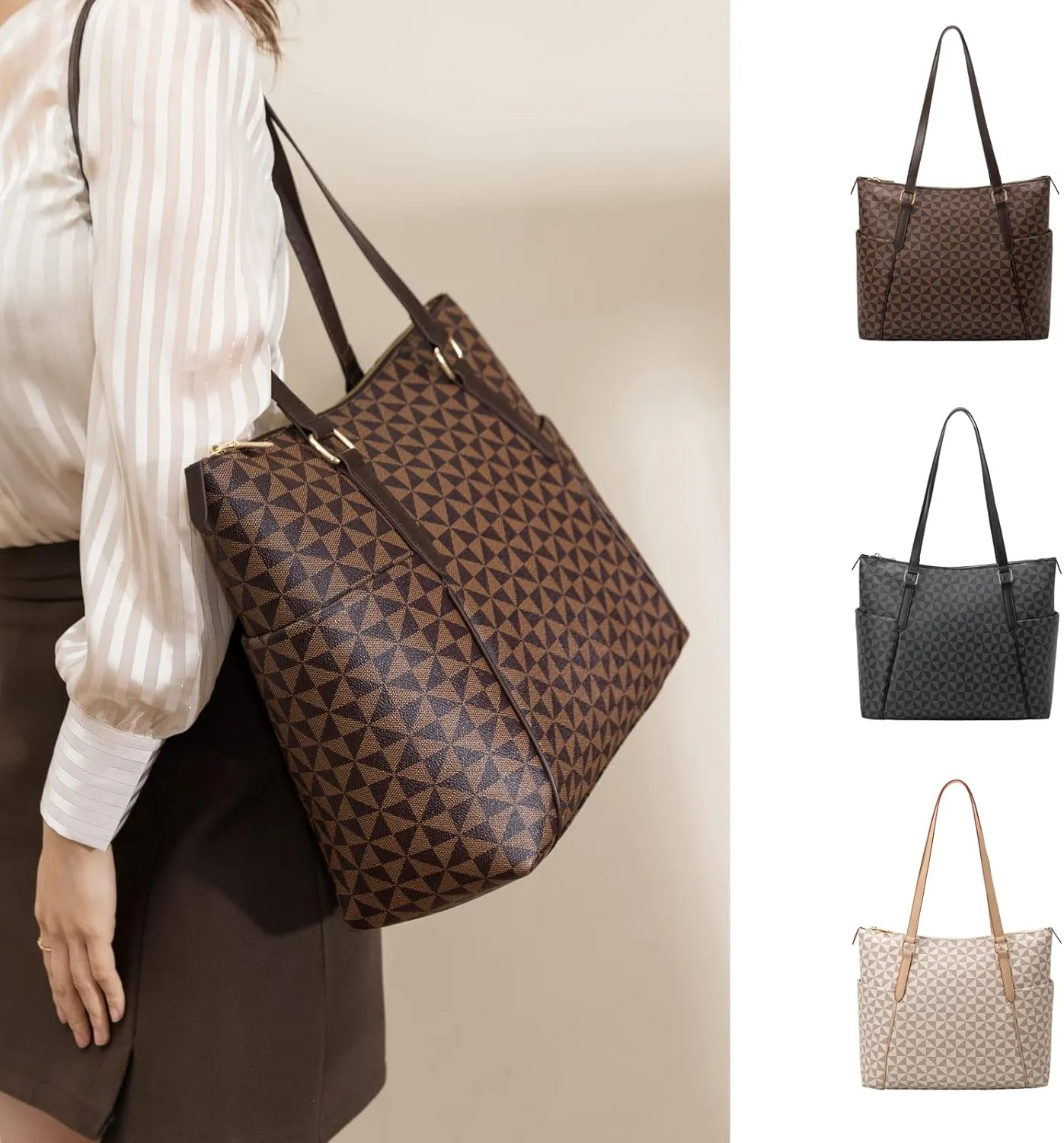 Large Tote Bag for Women, Designer PU Leather Shoulder Purse Handbag for Travel Work Shopping