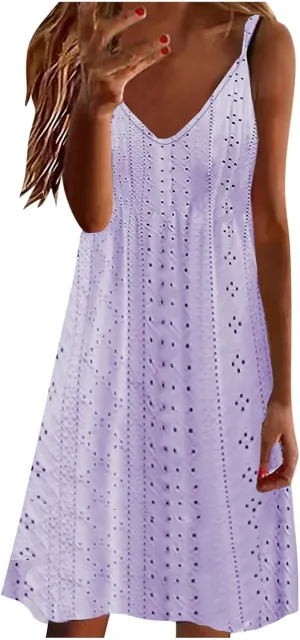 Lastesso Sundresses for Women 2025 Spaghetti Strap Eyelet Lightweight Dresses Casual V Neck Plain Fitted Hawaiian Sundresses