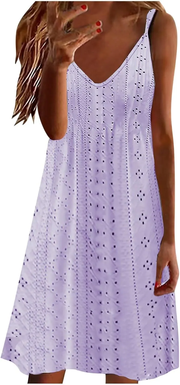 Lastesso Sundresses for Women 2025 Spaghetti Strap Eyelet Lightweight Dresses Casual V Neck Plain Fitted Hawaiian Sundresses