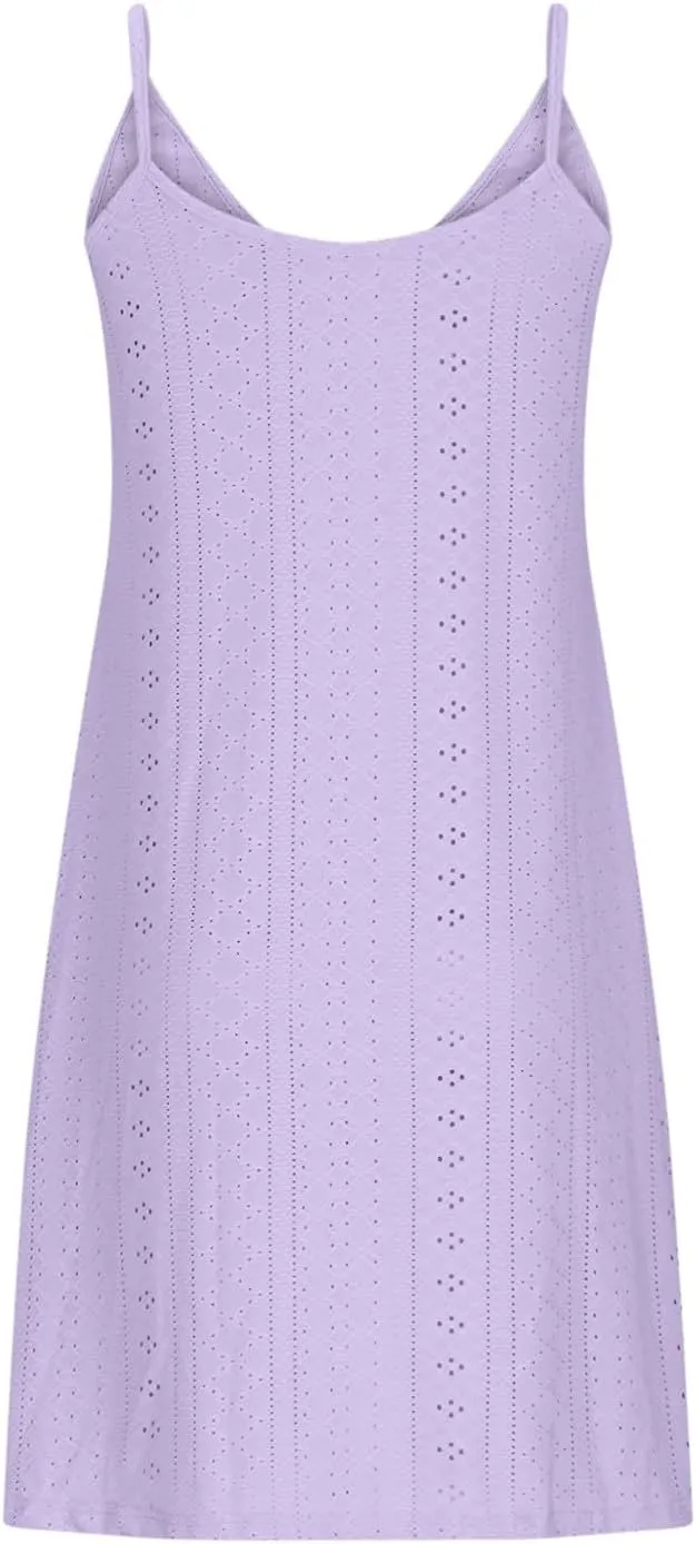 Lastesso Sundresses for Women 2025 Spaghetti Strap Eyelet Lightweight Dresses Casual V Neck Plain Fitted Hawaiian Sundresses