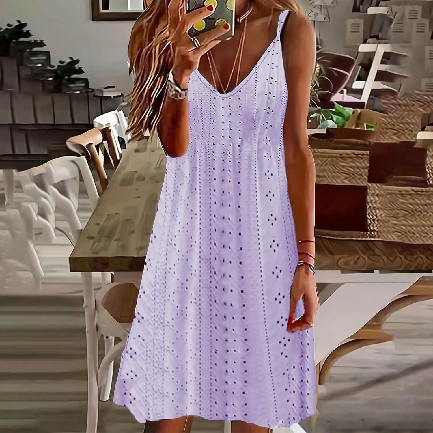 Lastesso Sundresses for Women 2025 Spaghetti Strap Eyelet Lightweight Dresses Casual V Neck Plain Fitted Hawaiian Sundresses