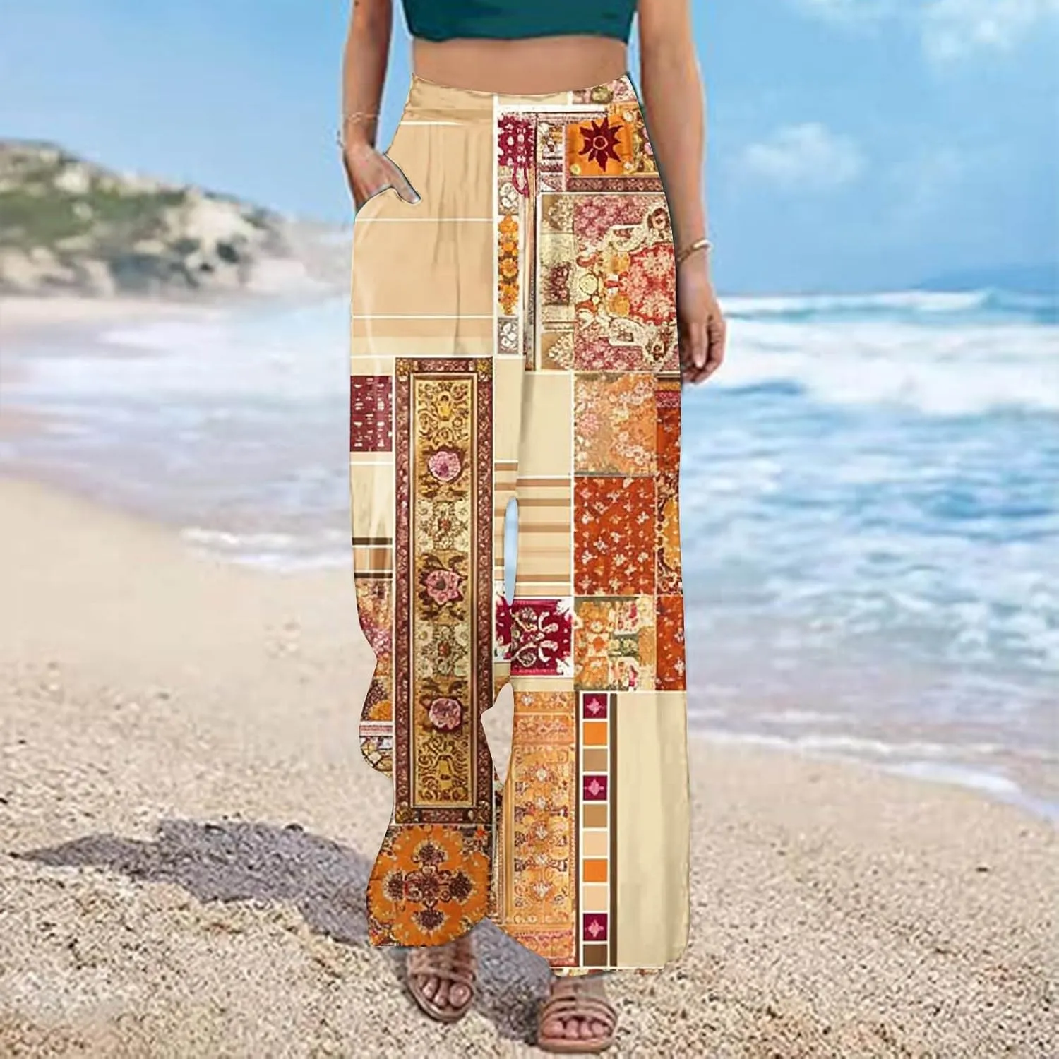 Lastesso Wide Leg Pants Women Casual Flowy Palazzo Pants High Waist Ethnic Style Fashion Falll Clothes Soft Lounge Pants