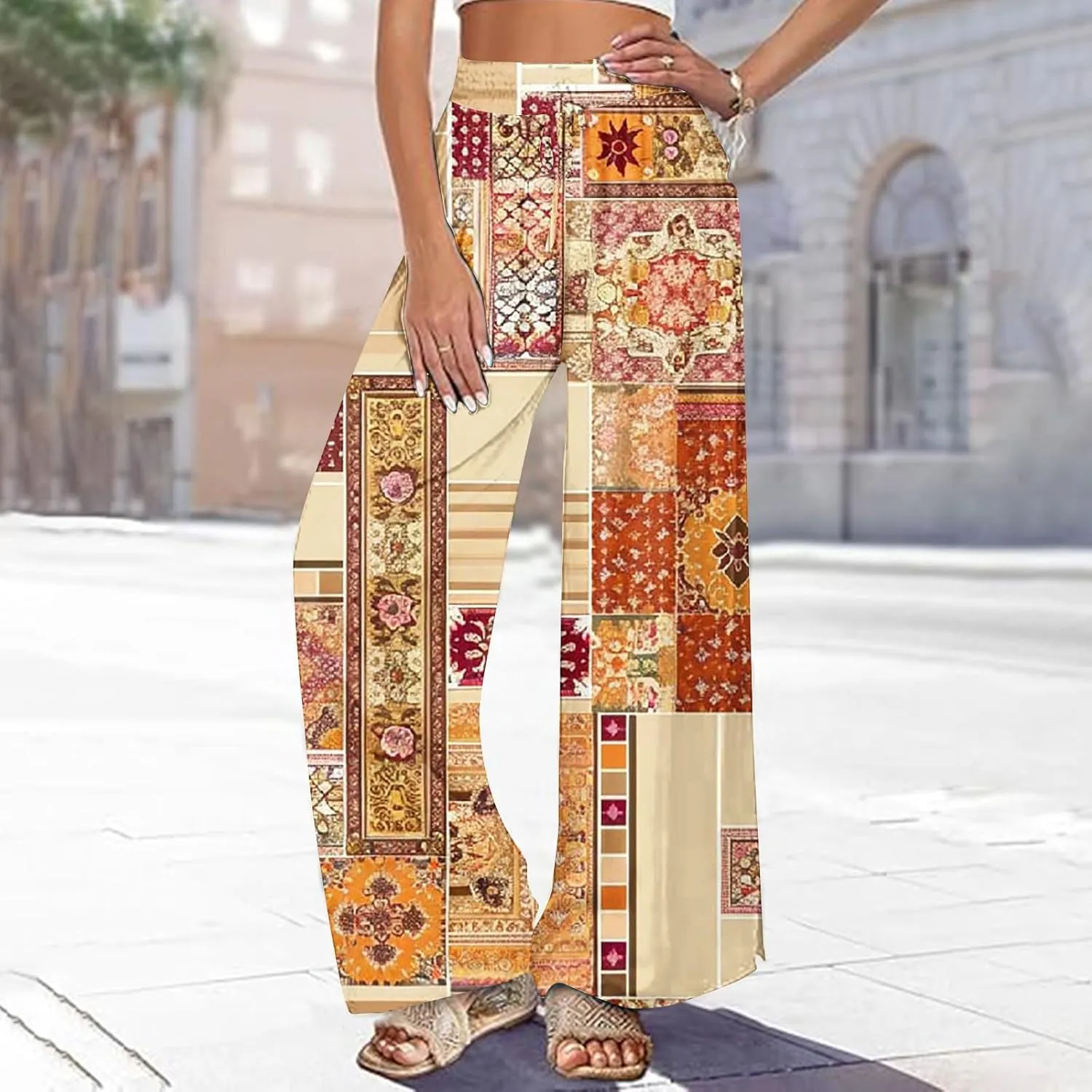 Lastesso Wide Leg Pants Women Casual Flowy Palazzo Pants High Waist Ethnic Style Fashion Falll Clothes Soft Lounge Pants